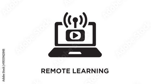 A simple black vector graphic illustrating remote learning with a laptop icon, play button, and signal waves, representing online education and digital learning tools on a white background.