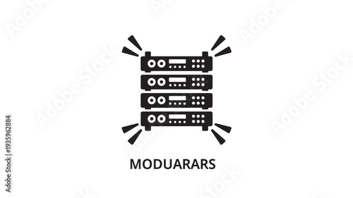 A vector graphic of a stack of server modules with the label 'MODUARARS' on a solid white background, representing data storage and technology infrastructure.