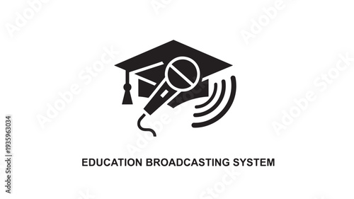 A black vector logo featuring a graduation cap and microphone, representing the Education Broadcasting System, conveying learning and communication on a clean white background.