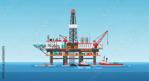 Offshore oil rig platform in the ocean with support vessels.