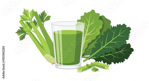 A vibrant illustration depicts a glass of green juice surrounded by fresh vegetables showcasing a healthy lifestyle silhouette high quality professional