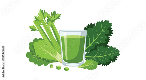 A vibrant illustration showcases a glass of green juice surrounded by leafy vegetables creating a fresh silhouette high quality professional detailed