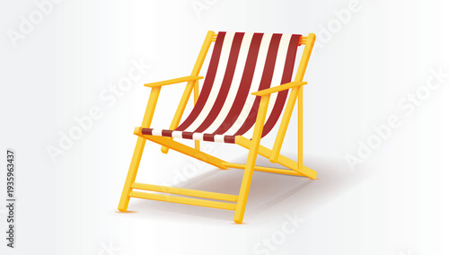 Vector wooden deck chair with red and white striped sling classic outdoor beach lounge furniture illustration for summer vacation relaxation theme
