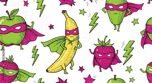 Seamless Superfood Pattern with Superhero Fruit Characters and Lightning Bolts