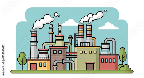 Industrial factory with smoking chimneys and pipes.