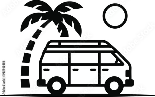 Van driving on road with palm and sun icon