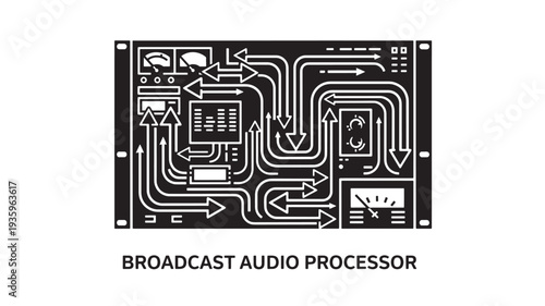 A detailed black and white vector illustration of a broadcast audio processor circuit board, showcasing various technical components and pathways on a white background.