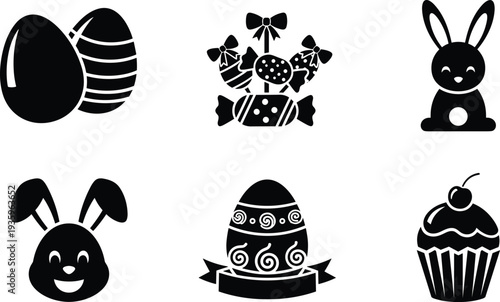 easter, egg, bunny, candy, cupcake, silhouette, holiday, spring, sweet, dessert, chocolate, decoration, festive, bakery, vector, icon, black, illustration, design, clipart, symbol, set