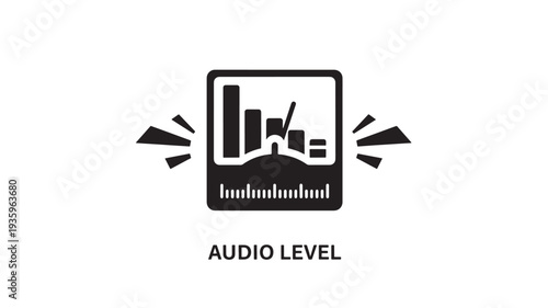 A black vector graphic depicting an audio level icon with sound waves and a music volume control interface on a white background, representing sound and music concepts.