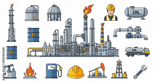 Industrial oil and gas refinery equipment and facilities illustration.
