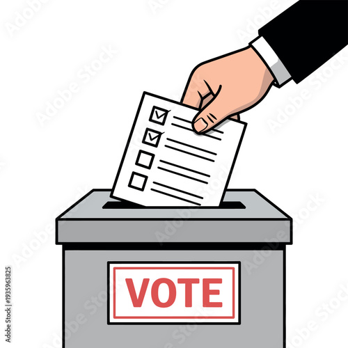 Businessman hand drops a ballot into a secure voting box during a political election process.
