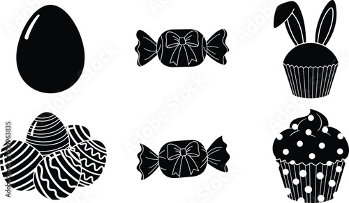 easter, egg, candy, cupcake, bunny, silhouette, sweet, dessert, holiday, spring, chocolate, decoration, bakery, vector, icon, black, illustration, festive, treat, design, clipart, set