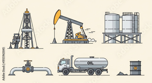 Oil industry equipment and machinery illustration set.