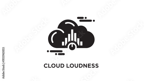 A black vector graphic depicting a stylized cloud with sound waves and bars indicating loudness, set against a clean white background.