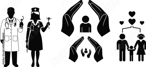 healthcare, doctor, nurse, family, protection, medical, care, insurance, support, hospital, health, people, silhouette, service, safety, community, vector, icon, black, illustration, design, set