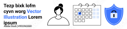 Data security, privacy, scheduling, personal identity, online planning, digital protection. Female avatar, calendar with a marked date shield with a lock. Data security and privacy concept