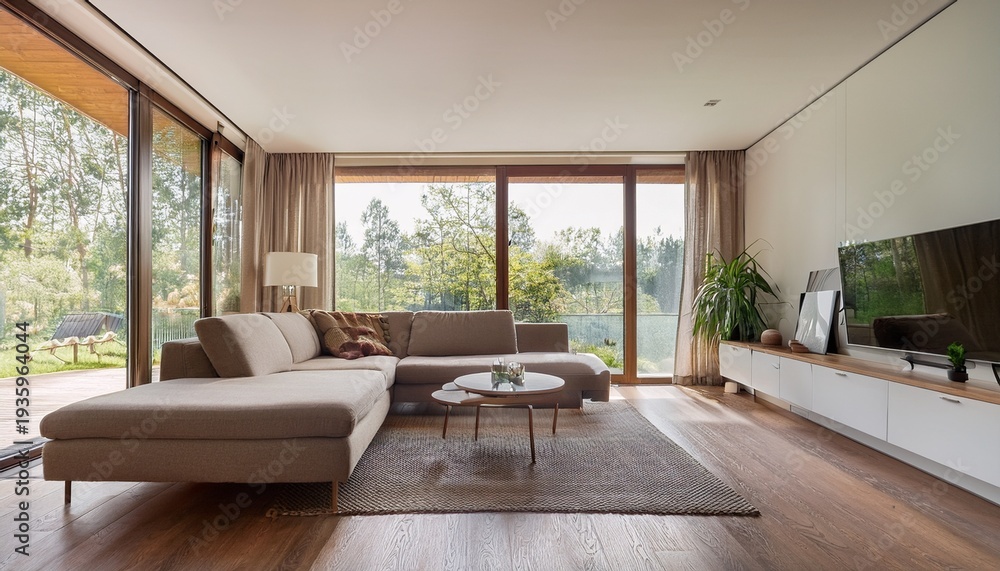 Fototapeta premium elegant and comfortable designed living room with big corner sofa wooden floor and big windows