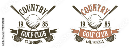 Golf game retro sport emblem, vintage golf ball and clubs, classic golf logo, vector illustration, sports badge graphic