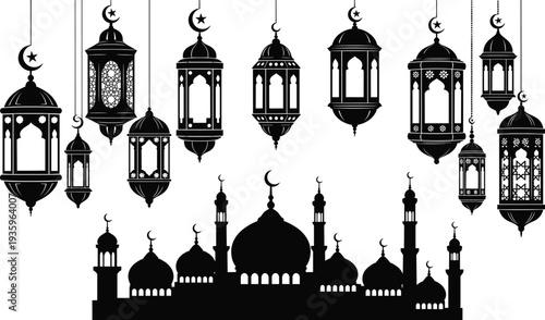 ramadan, lantern, mosque, crescent, islamic, eid, muslim, arabic, silhouette, decoration, festival, hanging, lanterns, vector, black, icon, religion, spiritual, culture, design, illustration, set