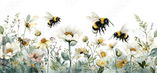 Delicate watercolor painting of bumblebees and wildflowers in a serene meadow