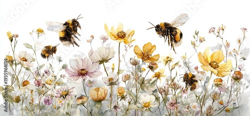 Watercolor Bumblebees and Wildflowers Meadow Illustration
