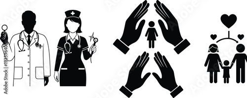 healthcare, doctor, nurse, protection, family, care, medical, insurance, support, silhouette, hospital, health, service, people, vector, icon, black, illustration, safety, community, design, set