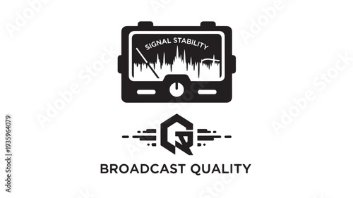 A black vector icon depicting broadcast quality with a signal stability graph and text, on a white background, conveying professional broadcasting standards.