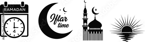 ramadan, iftar, time, crescent, mosque, sunset, islamic, muslim, fasting, prayer, silhouette, arabic, eid, symbol, vector, black, icon, religion, spiritual, culture, illustration, set