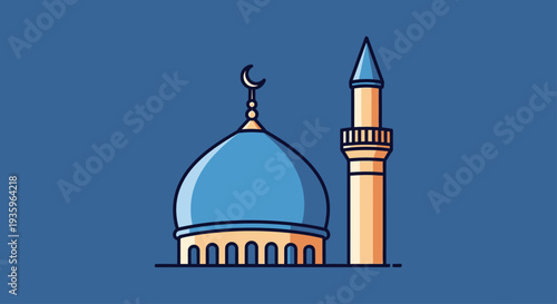 Blue Mosque Dome and Minaret Islamic Architecture Illustration Flat Design
