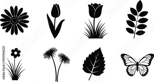 flower, leaf, butterfly, silhouette, botanical, plant, nature, floral, garden, vector, black, icon, illustration, clipart, decorative, isolated, design, element, natural, collection, spring, set