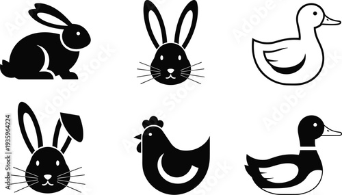 rabbit, duck, chicken, animal, silhouette, icon, farm, poultry, bunny, bird, vector, black, illustration, clipart, cute, design, collection, isolated, nature, symbol, decorative, set
