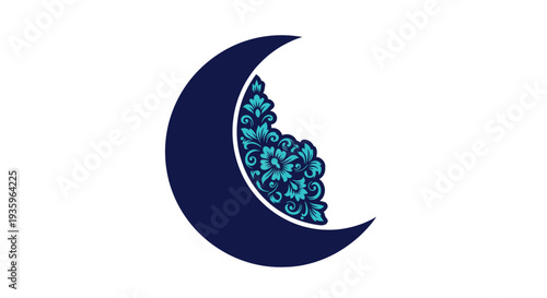 Crescent moon with floral pattern inlay on white background