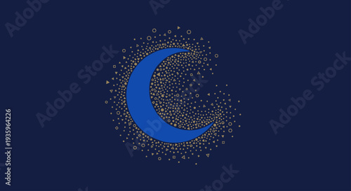Blue crescent moon and starry night sky with abstract shapes