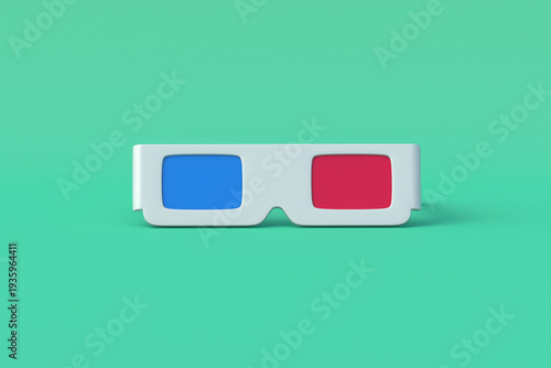 Сinema glasses on green background. Volume effect. Three dimensional view. Anaglyph technology. Front view. 3d render