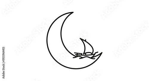 Minimalist sailboat on crescent moon illustration
