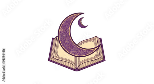 Islamic crescent moon and book graphic design on white background