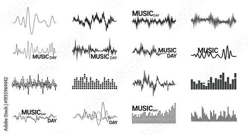 Set of 16 music waveform icons vector