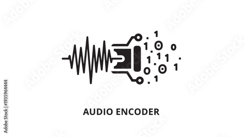 A vector graphic illustration of an audio encoder icon, featuring a sound wave and binary code on a clean white background, representing music technology and digital sound processing.