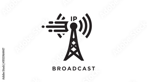 A solid black vector graphic of a broadcast tower with IP and signal waves on a clean white background, ideal for use in digital media, technology, and communication concepts