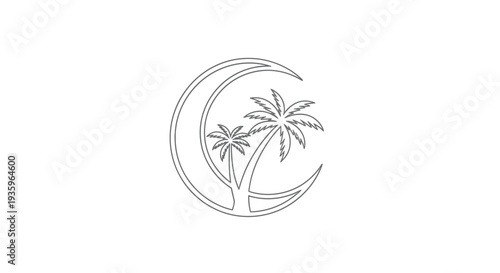 Crescent moon with palm trees, minimalist line art vector illustration