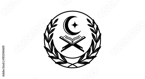 Islamic Symbol: Crescent Moon, Star, Open Book, and Laurel Wreath