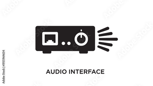 A simple black and white vector illustration of an audio interface icon, representing music technology and sound equipment, with a clean and modern design.