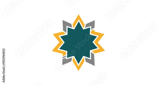 Geometric Starburst Emblem with Teal, Yellow, and Gray Accents on White Background
