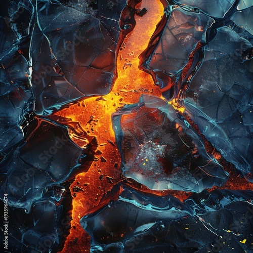 Glowing Molten Lava in Cracked Blue Glass: Abstract Heat