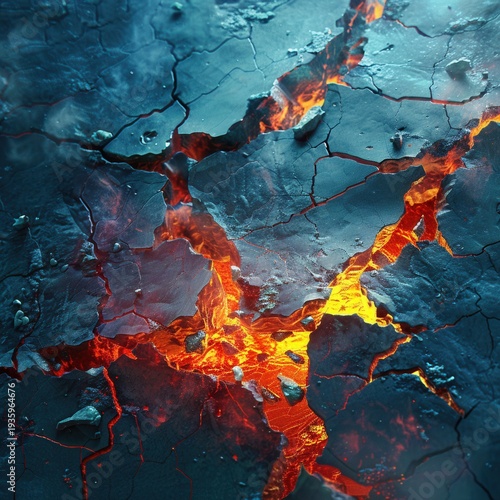 A dramatic abstract texture of glowing molten lava flowing through cracked blue glass-like rock