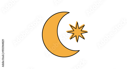 Orange Crescent Moon and Star Icon on White Background