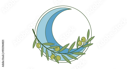 Crescent moon with olive branch, celestial, night sky, nature, organic, peaceful