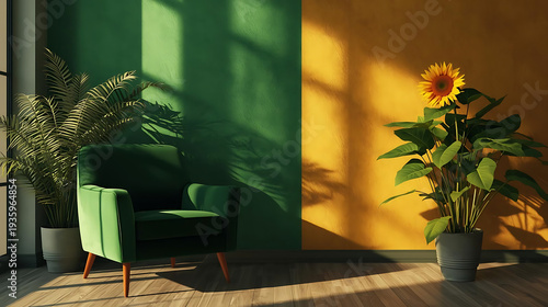 Wallpaper Mural Cozy modern living room with green chair and vibrant plants Torontodigital.ca