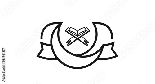 Islamic Crescent Moon Symbol with Open Book and Ribbons - Vector Icon