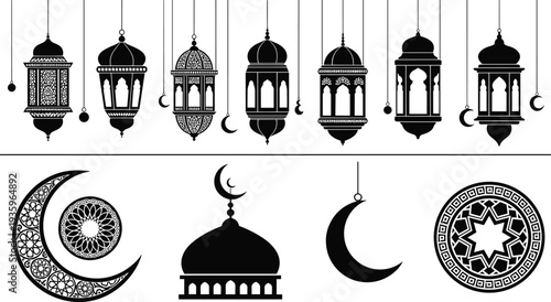 ramadan, lantern, crescent, mosque, islamic, silhouette, arabic, eid, decoration, muslim, symbol, festival, hanging, lanterns, vector, black, icon, spiritual, culture, design, illustration, set